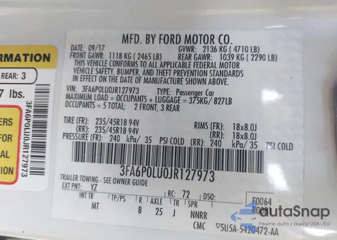 2018 Ford Fusion Hybrid Se from USA, damaged, VIN 3FA6P0LU0JR127973